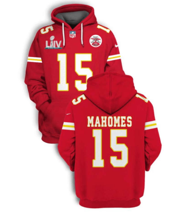 Men's Kansas City Chiefs #15 Patrick Mahomes Red 2021 Super Bowl LIV Pullover Hoodie